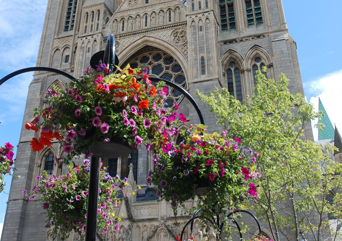 View of Truro Cathedral looking through flowering hanging baskets