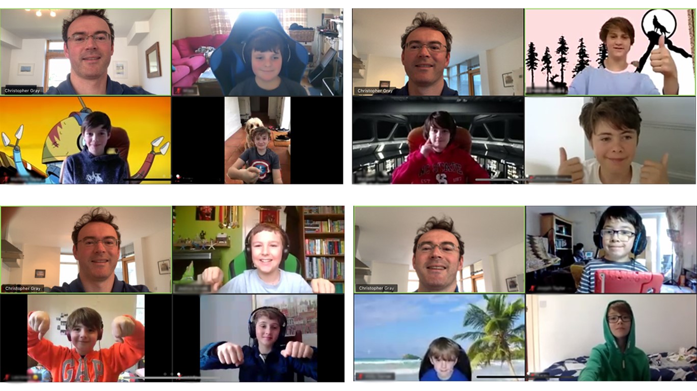 screenshot collage of Truro Cathedral choristers and Christopher Gray on a zoom meeting