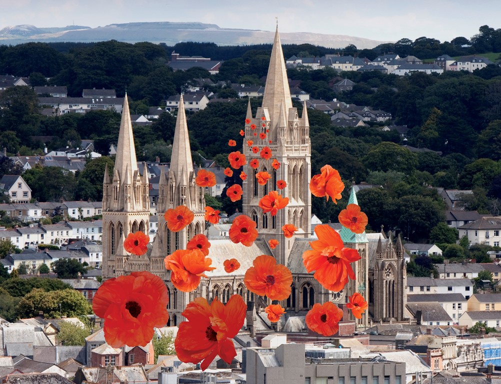 Remembrance poppies falling around Truro Cathedral