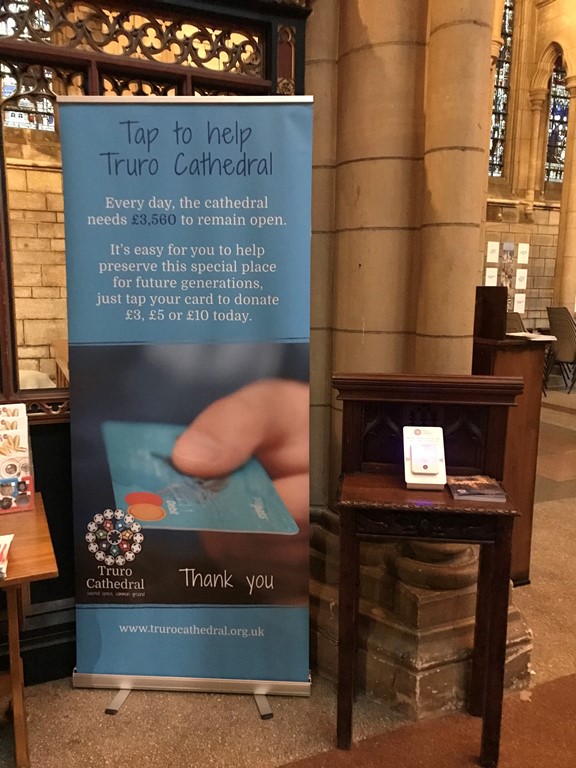 Contactless donation machine and sign in Truro Cathedral