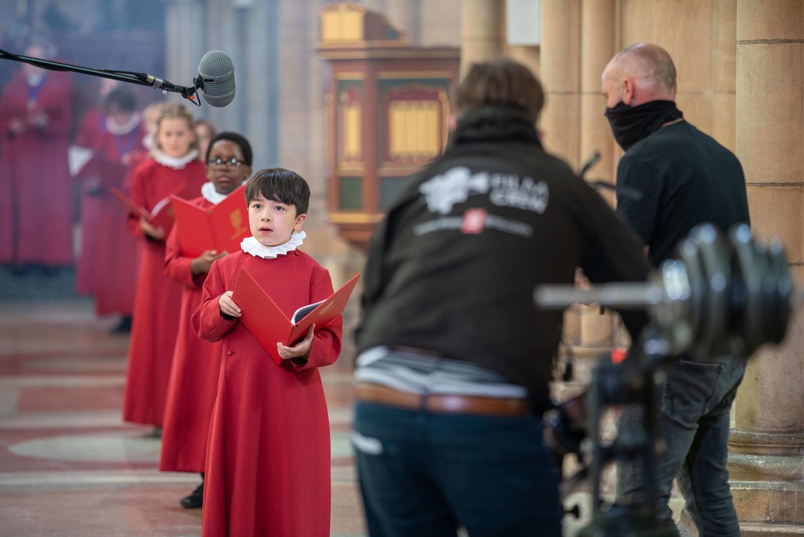 Choristers being filmed in Truro Cathedral